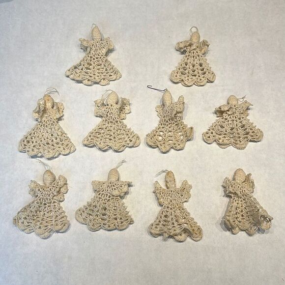 Vtg Angel Ornament Starched Crochet Cream Beige Off White Set Lot 10 Crocheted - Picture 1 of 10
